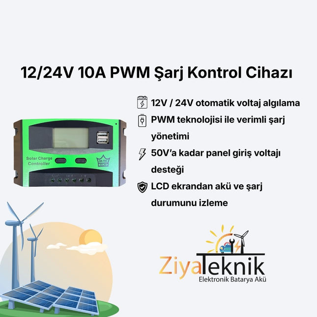 12/24V 10A PWM Şarj Kontrol Cihazı | Güneş Enerjisi Akü Şarj Regülatörü
