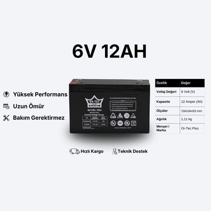 6V 12Ah Ortec Bakımsız Akü – Uzun Ömürlü 2025 Üretim