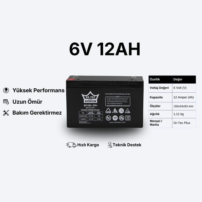 6V 12Ah Ortec Bakımsız Akü – Uzun Ömürlü 2025 Üretim
