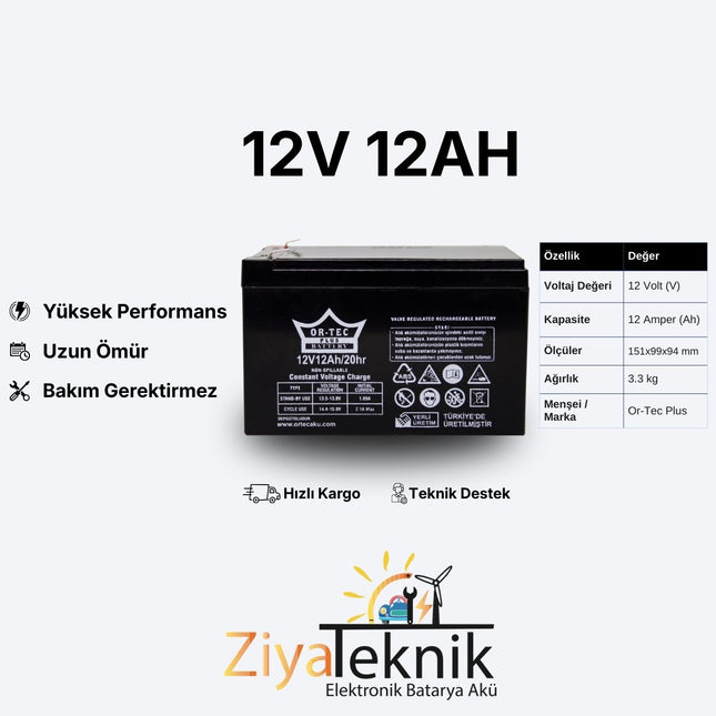 12V 12Ah Ortec Bakımsız Akü | Uzun Ömürlü 2025 Üretim