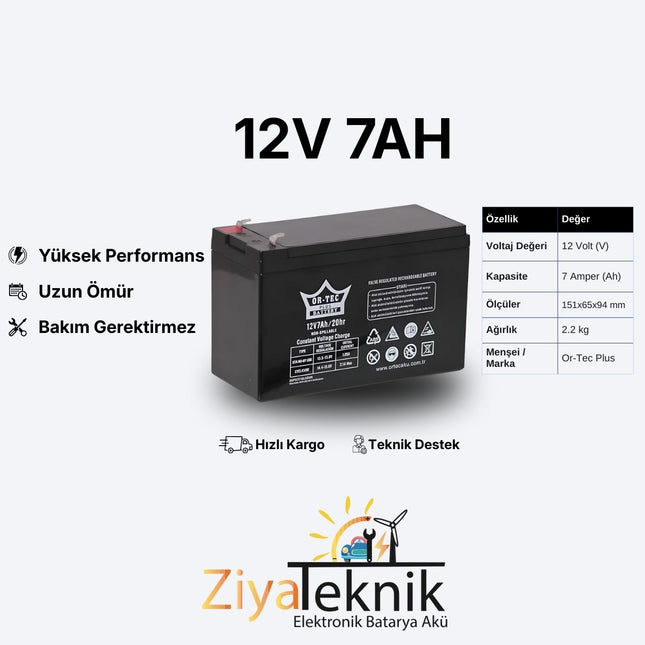 12V 7Ah Ortec Bakımsız Akü | Uzun Ömürlü 2025 Üretim