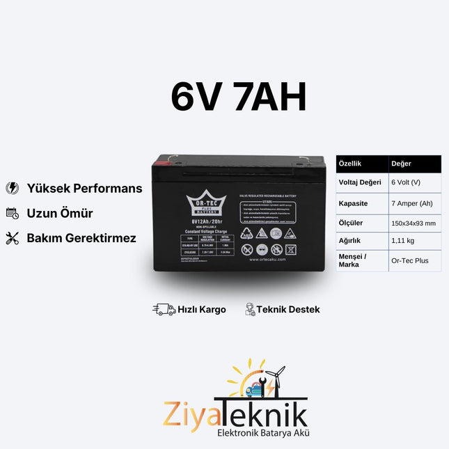 6V 7Ah Ortec Bakımsız Akü – Uzun Ömürlü 2025 Üretim