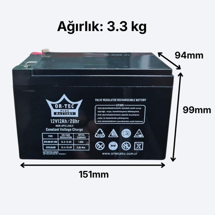 12V 12Ah Ortec Bakımsız Akü | Uzun Ömürlü 2025 Üretim